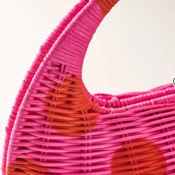 KATE SPADE x Target Pink Wicker Crescent Bag Red Polka Dots Basket Weave  NWT - Picture 4 of 7